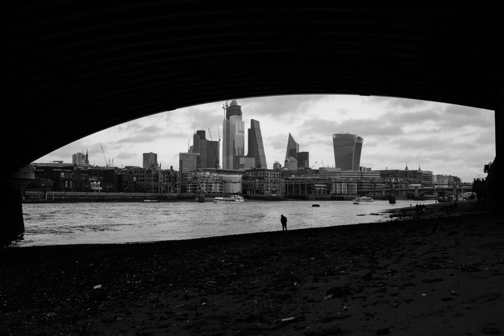Panorama of city of London from the shore of the river Thames